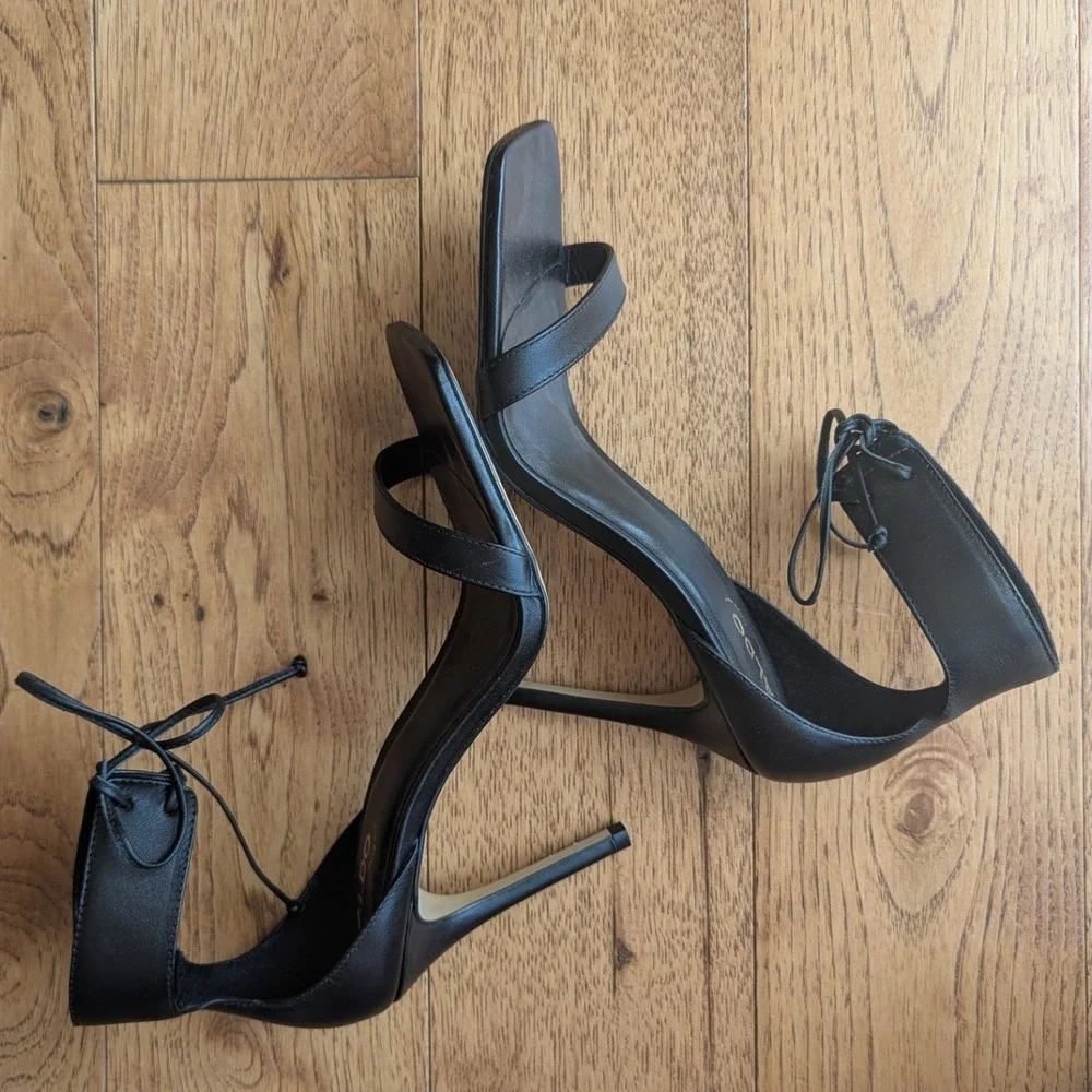 Aldo Stiletto Sandals Black Lace Up Square Toe‎ Womens 9 Strappy Night Out Chic